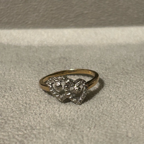 White and yellow Gold Double Heart Ring with Crystals